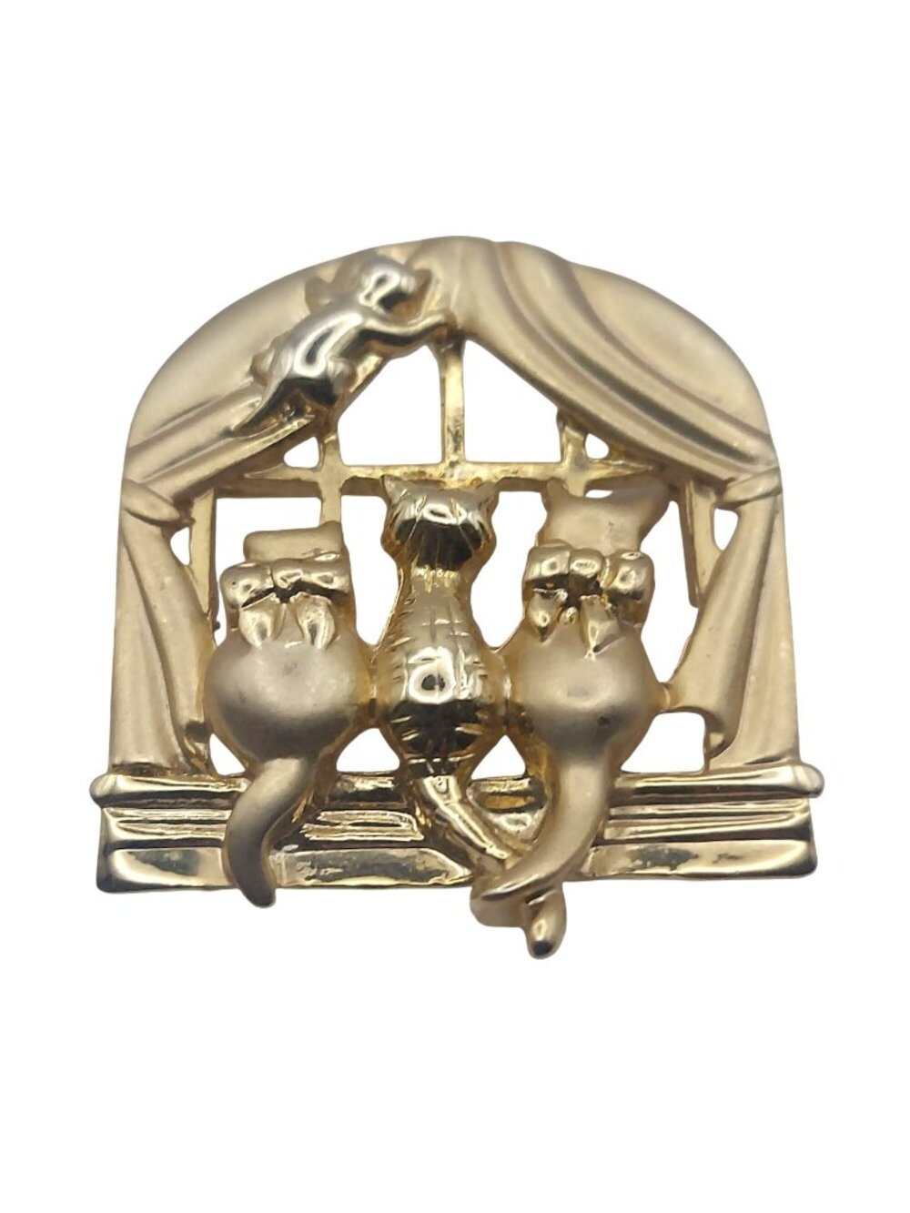 Cats on Window Brooch Pin AJC Gold Tone Kitten Curtain Vintage Collectible 80s